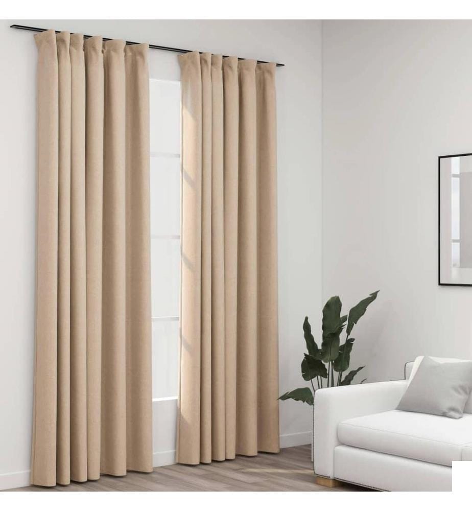Rideaux occultants aspect lin et crochets 2 pcs Beige 140x225cm