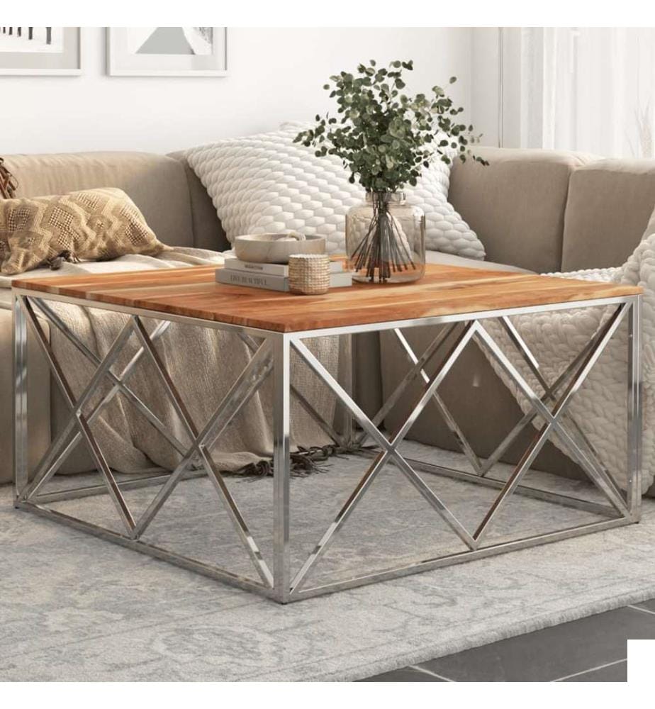Table basse argenté acier inoxydable et bois massif d'acacia
