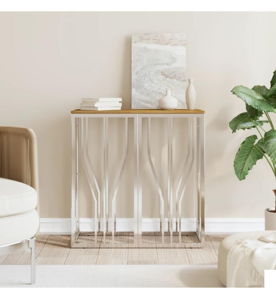 Table console argenté acier inoxydable et bois massif d'acacia