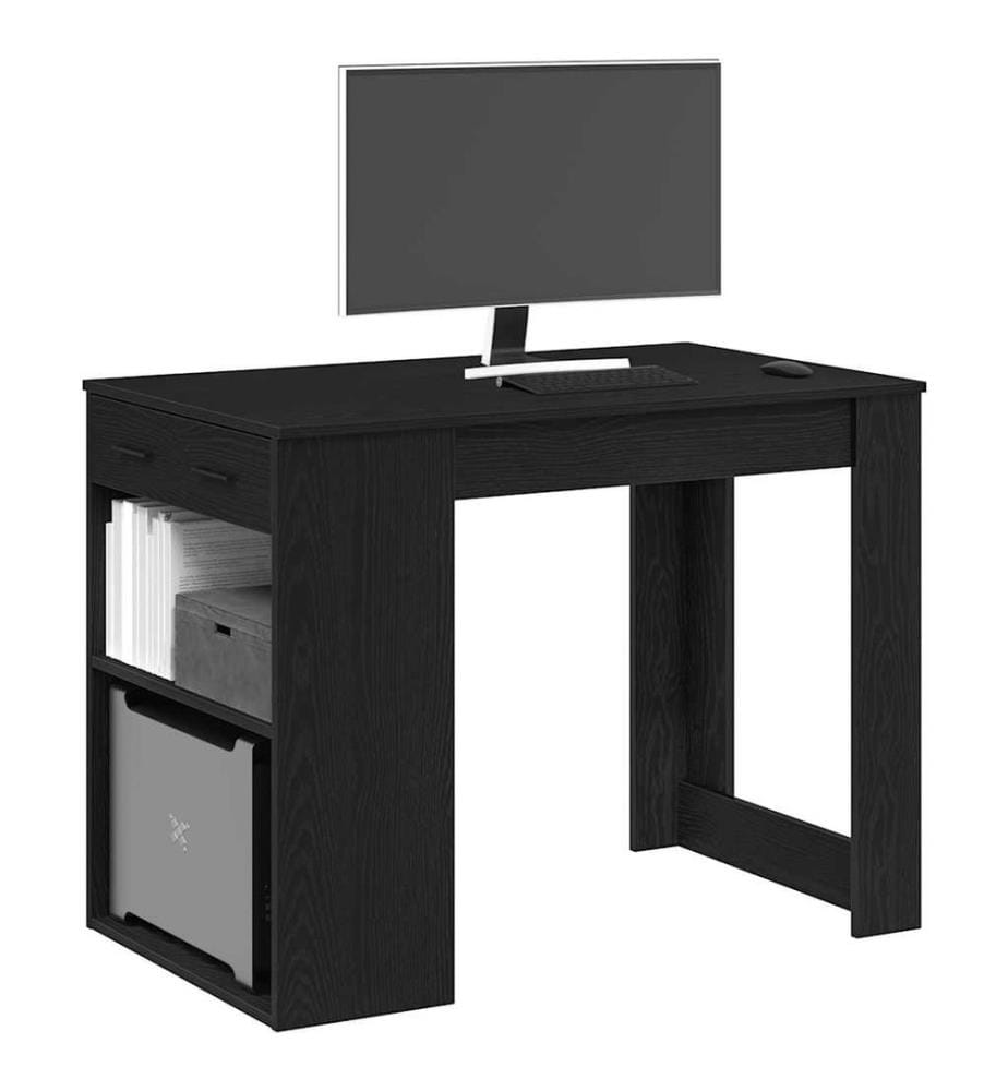 Bureau avec tiroir et étagère chêne noir bois d'ingénierie