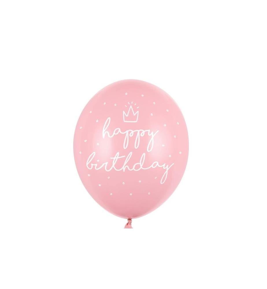 PARTYDECO - Ballon de baudruche Happy Birthday rose pastel Ø 30 cm, 6 pièces
