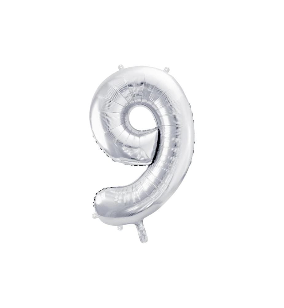 PARTYDECO - Ballon en aluminium Chiffre 9 grand 86 cm, argent, 1 pièce