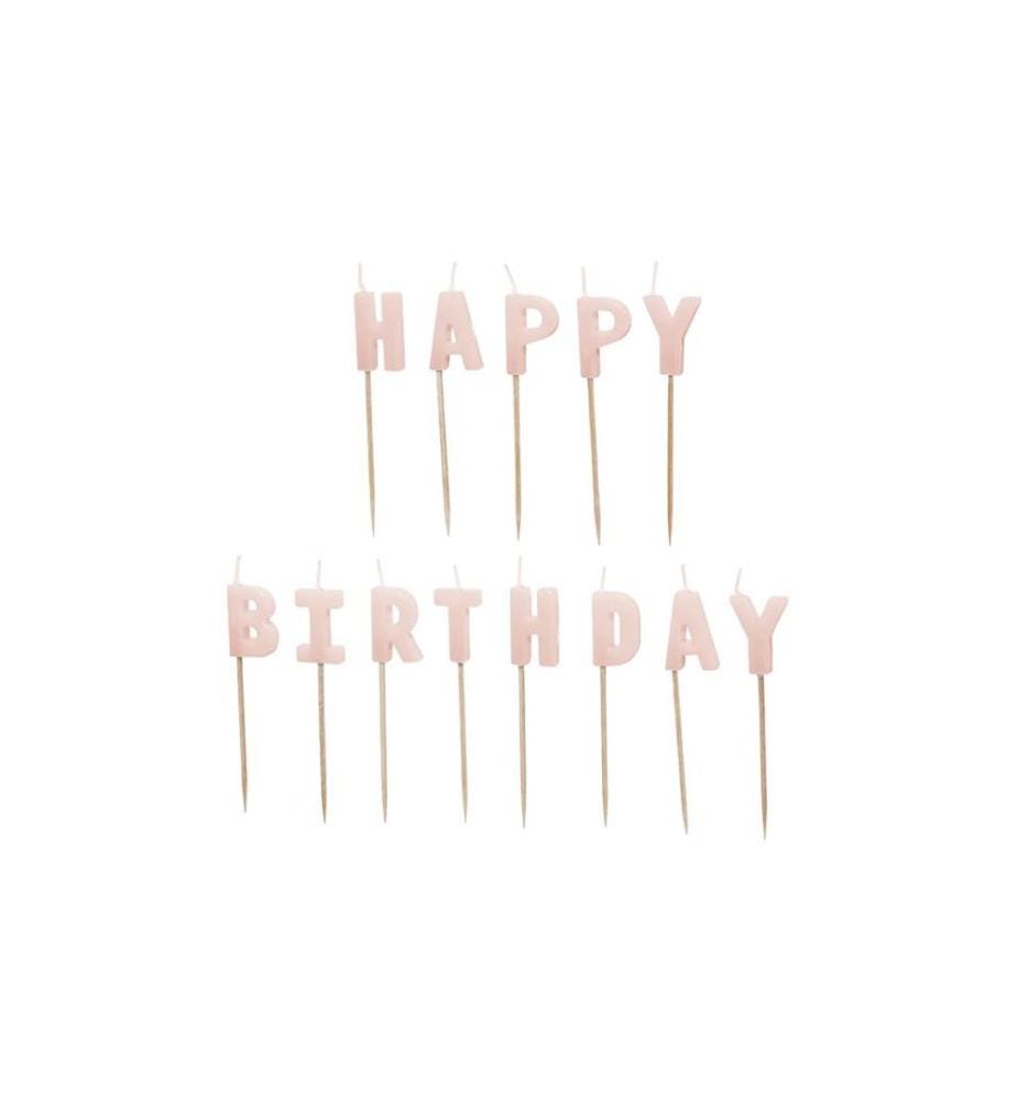PARTYDECO - Bougie Happy Birthday, Rose, H 2.5 cm, 13 pièces