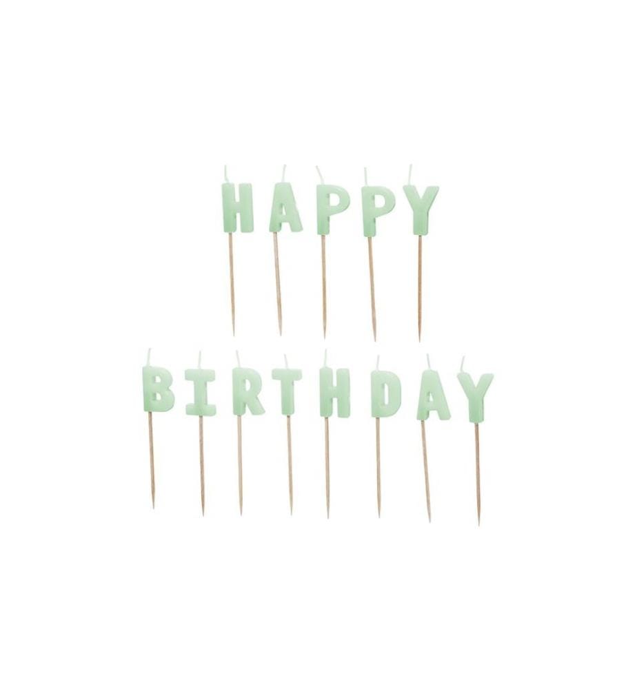 PARTYDECO - Bougie Happy Birthday, Vert clair, H 2.5 cm, 13 pièces