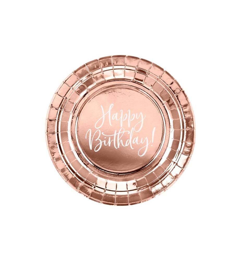PARTYDECO - Assiettes jetables Happy Birthday 18 cm, 6 Pièce/s, Or rose