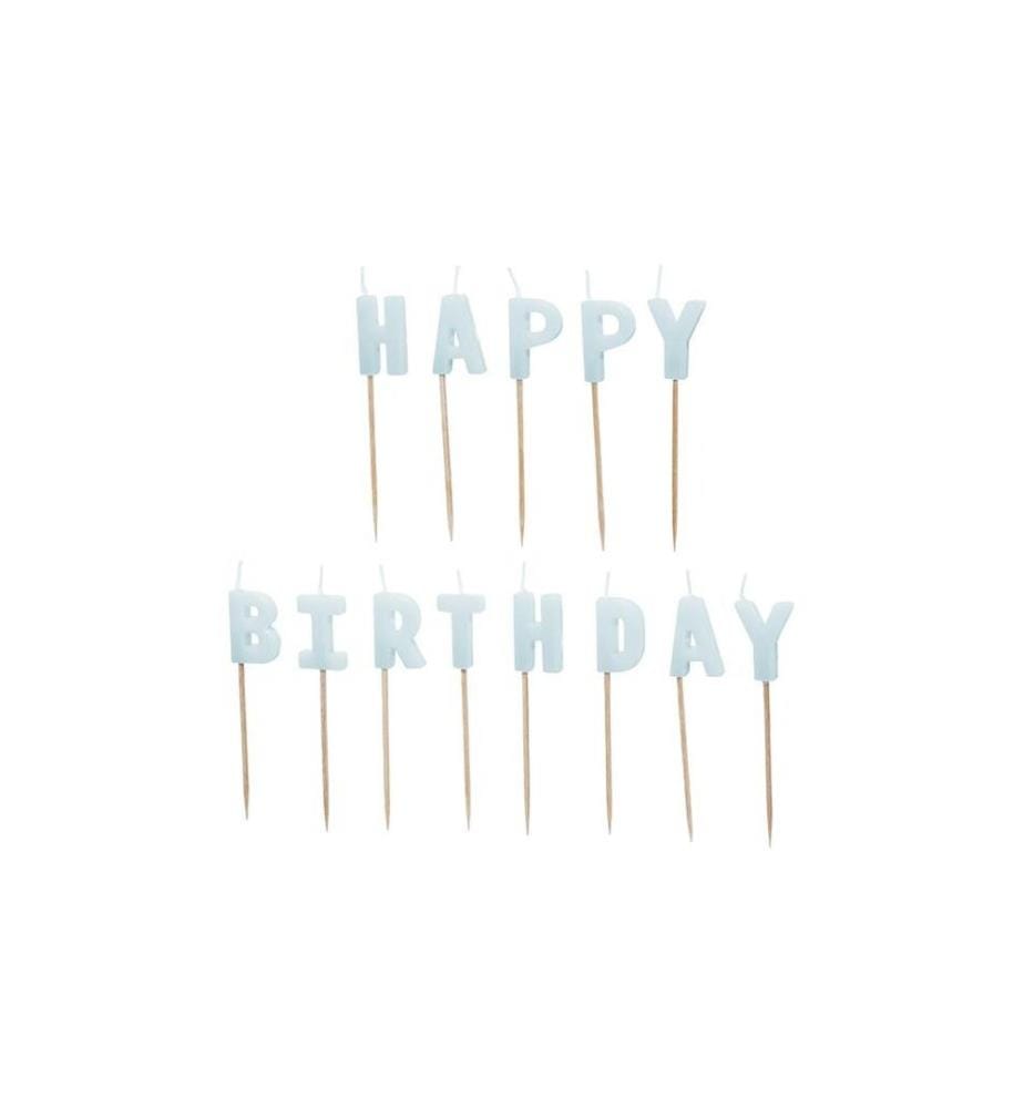 PARTYDECO - Bougie Happy Birthday, Bleu clair, H 2.5 cm, 13 pièces