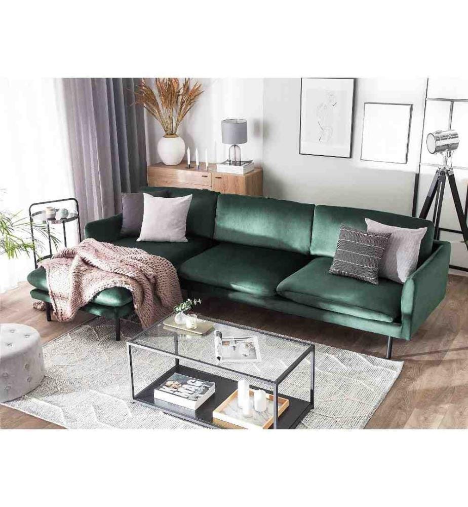 Canapé d'Angle Côté Droit Fixe en Velours Vert pour Salon Glamour et Vintage
