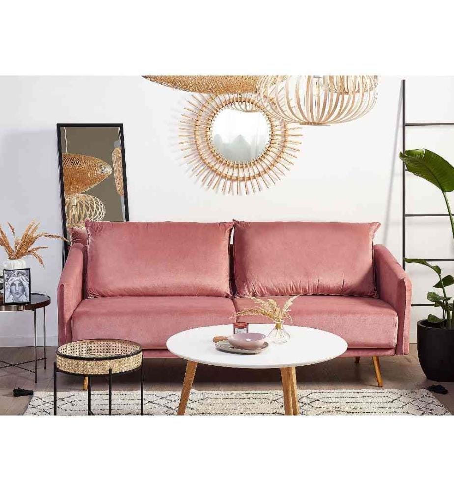 Canapé 3 Places en Velours Rose avec Piètement Métallique Doré Confort et Style Glamour et Rétro pour votre Salon et Studio