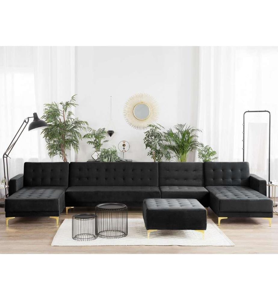 Grand Canapé Noir en Velours d'Angle Panoramique en U Convertible 6 Places et Modulable avec Pouf Ottoman pour Salon Moderne