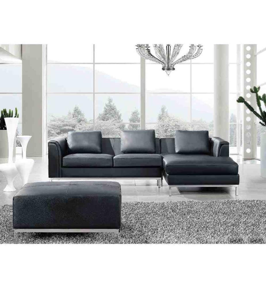 Canapé d'angle 5 places OSLO Cuir Noir avec ottoman Côté gauche