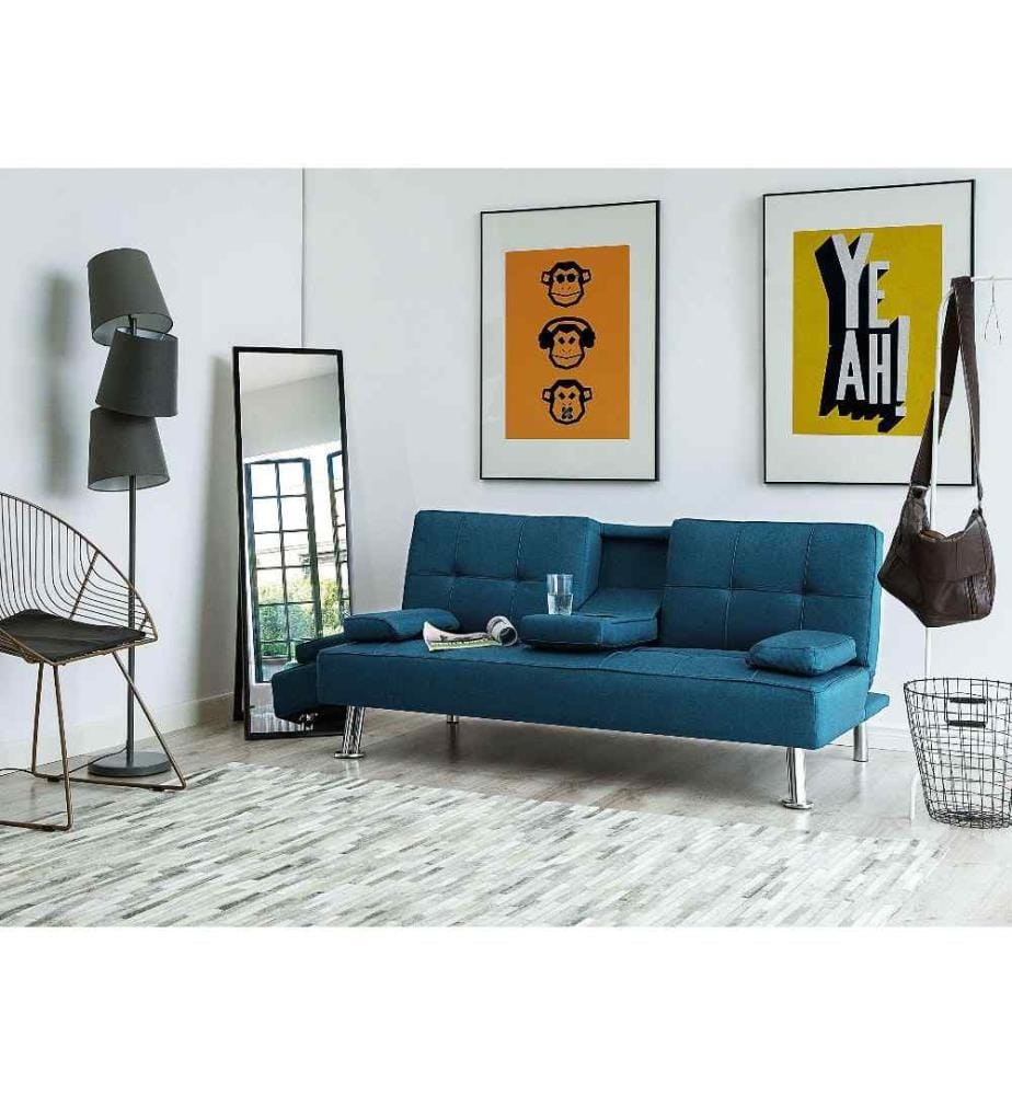 Canapé Clic Clac Convertible 3 Places en Tissu Bleu avec Pieds Argentés Design Ultra Moderne pour Salon Confortable