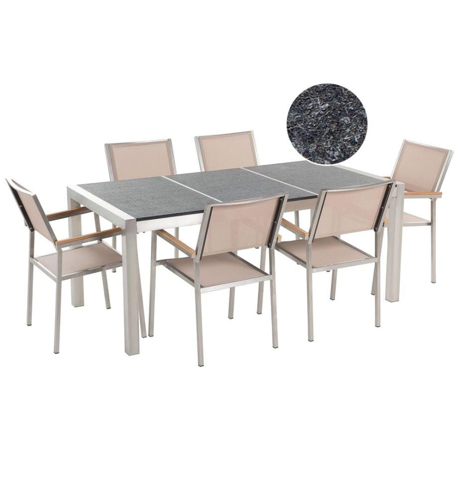 Salle à manger de jardin 6 places GROSSETO Triple plaque Basalte Flammé Noir/beige