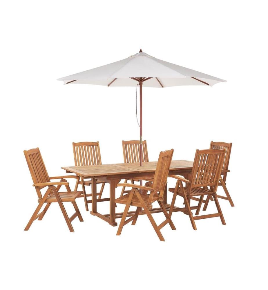 Salle à manger de jardin 6 places JAVA avec parasol (12 options) Acacia Marron clair