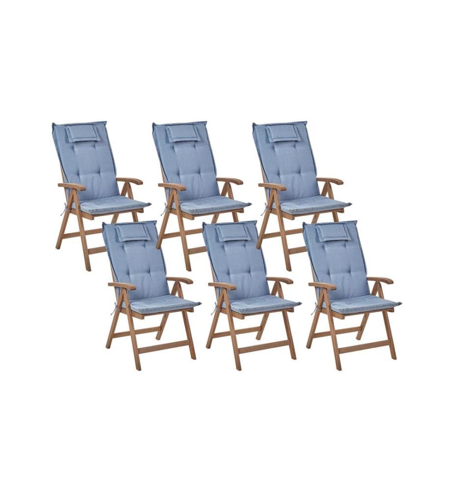 Lot de 6 chaises de jardin avec coussins AMANTEA Acacia Bleu