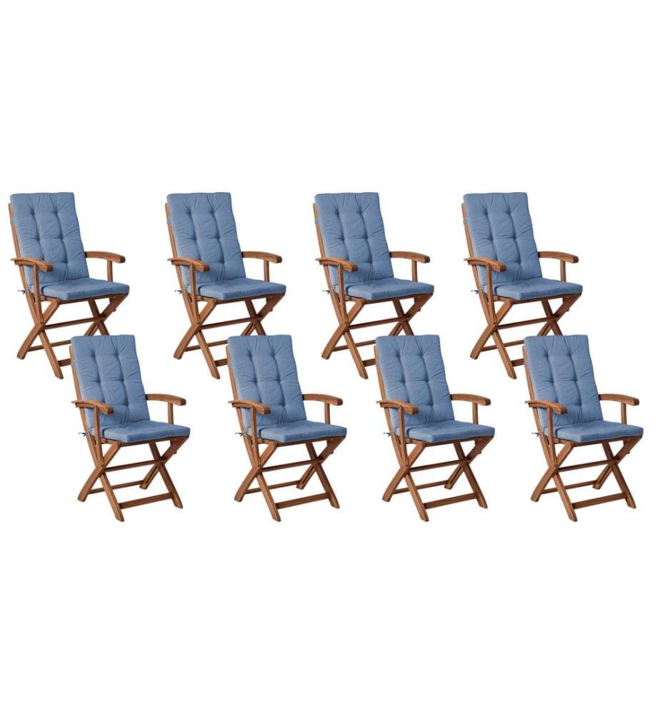Lot de 8 chaises de jardin avec coussins MAUI PREMIUM Acacia Bleu