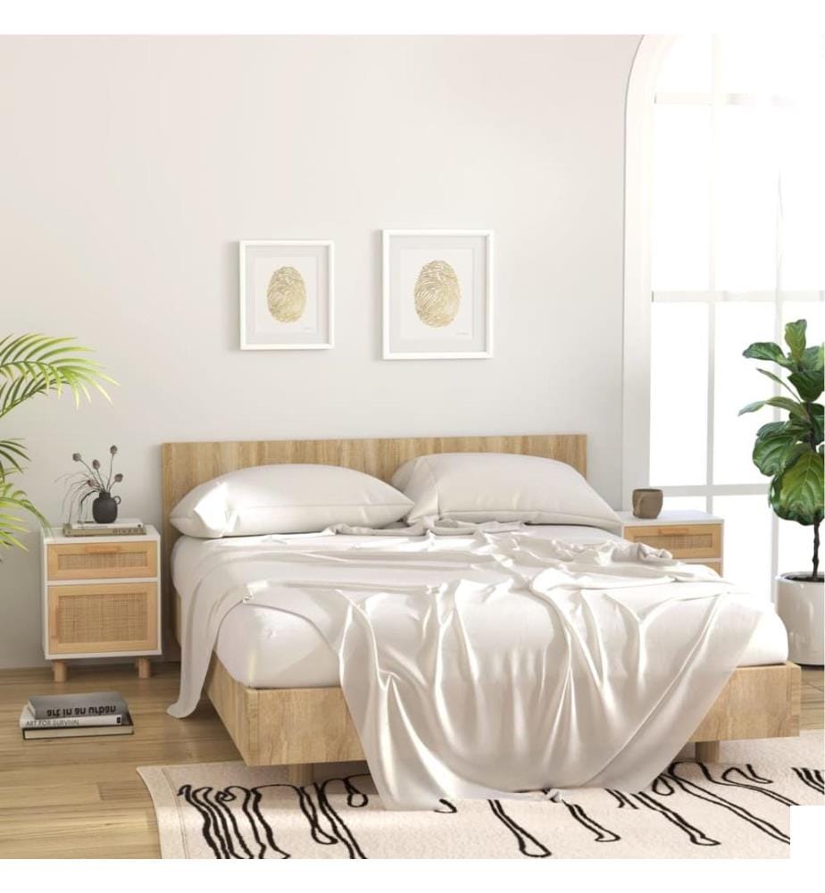 Tables de chevet 2pcs Blanc Bois de pin massif et rotin naturel