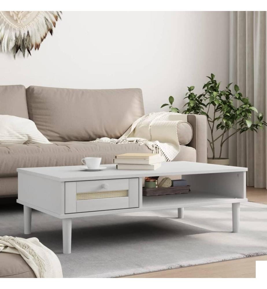 Table basse SENJA aspect rotin blanc 100x55x33 cm bois massif