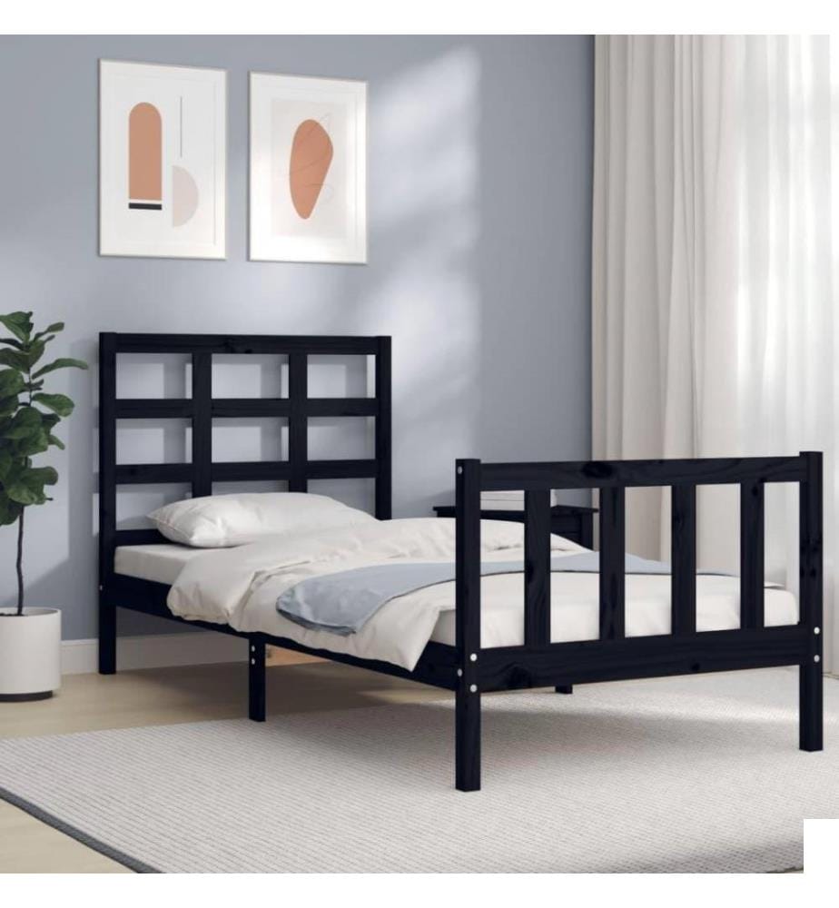 Cadre de lit avec tête de lit noir petit simple bois massif