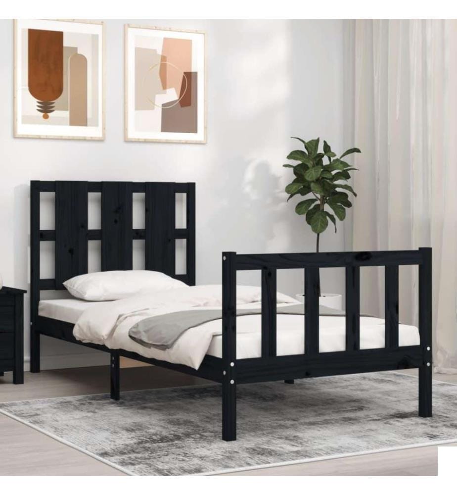 Cadre de lit avec tête de lit noir petit simple bois massif