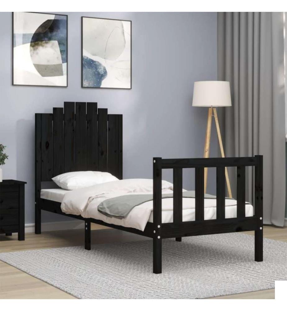 Cadre de lit avec tête de lit noir petit simple bois massif