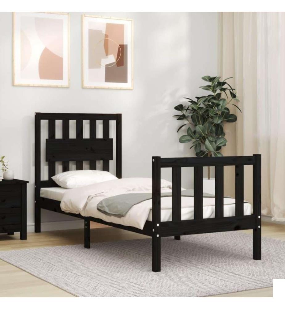 Cadre de lit avec tête de lit noir petit simple bois massif