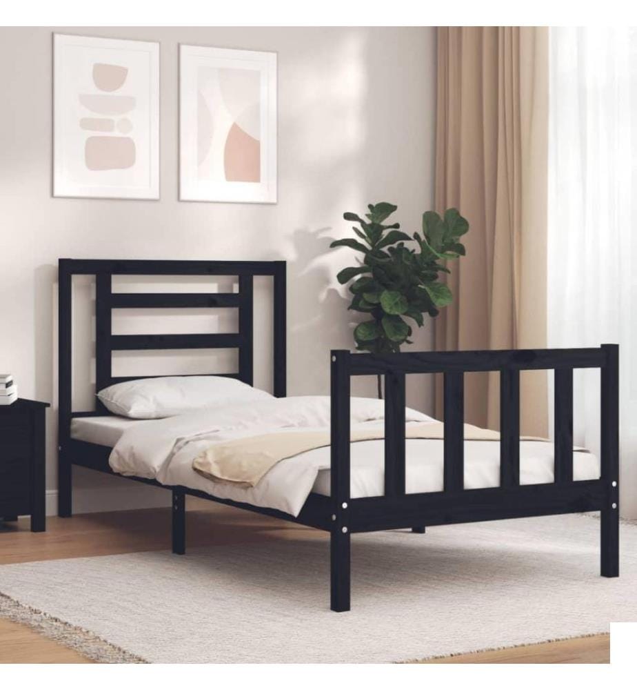 Cadre de lit avec tête de lit noir petit simple bois massif