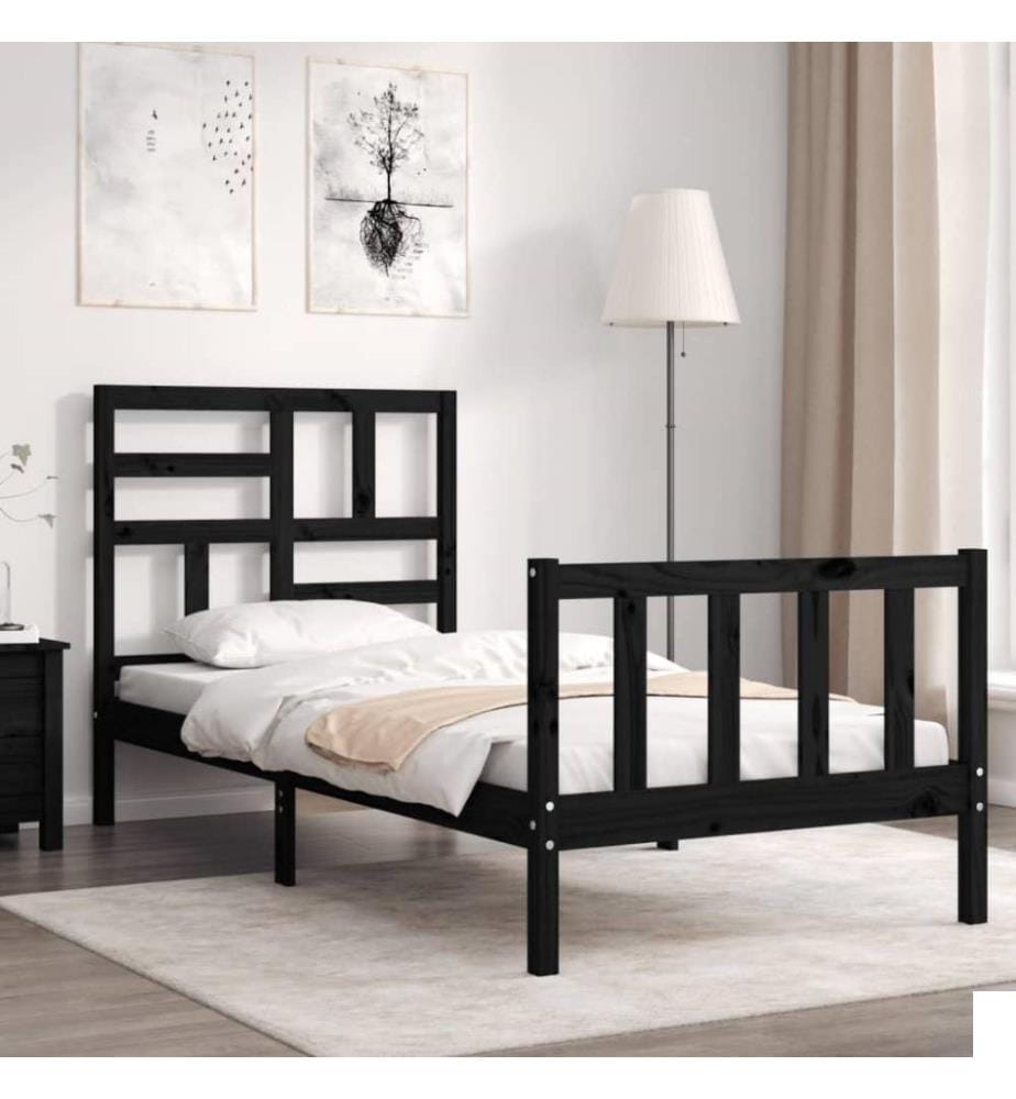 Cadre de lit avec tête de lit noir petit simple bois massif