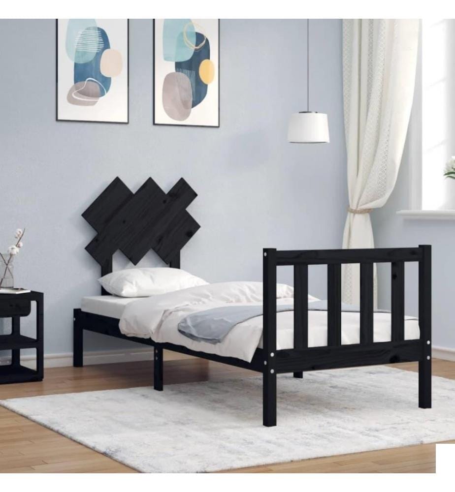 Cadre de lit avec tête de lit noir petit simple bois massif