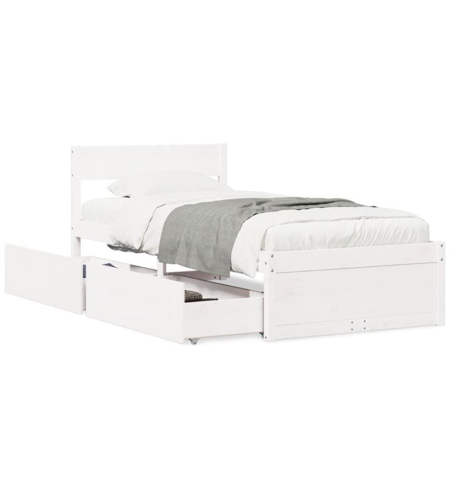 Cadre de lit avec tiroirs blanc 75x190 cm bois de pin massif