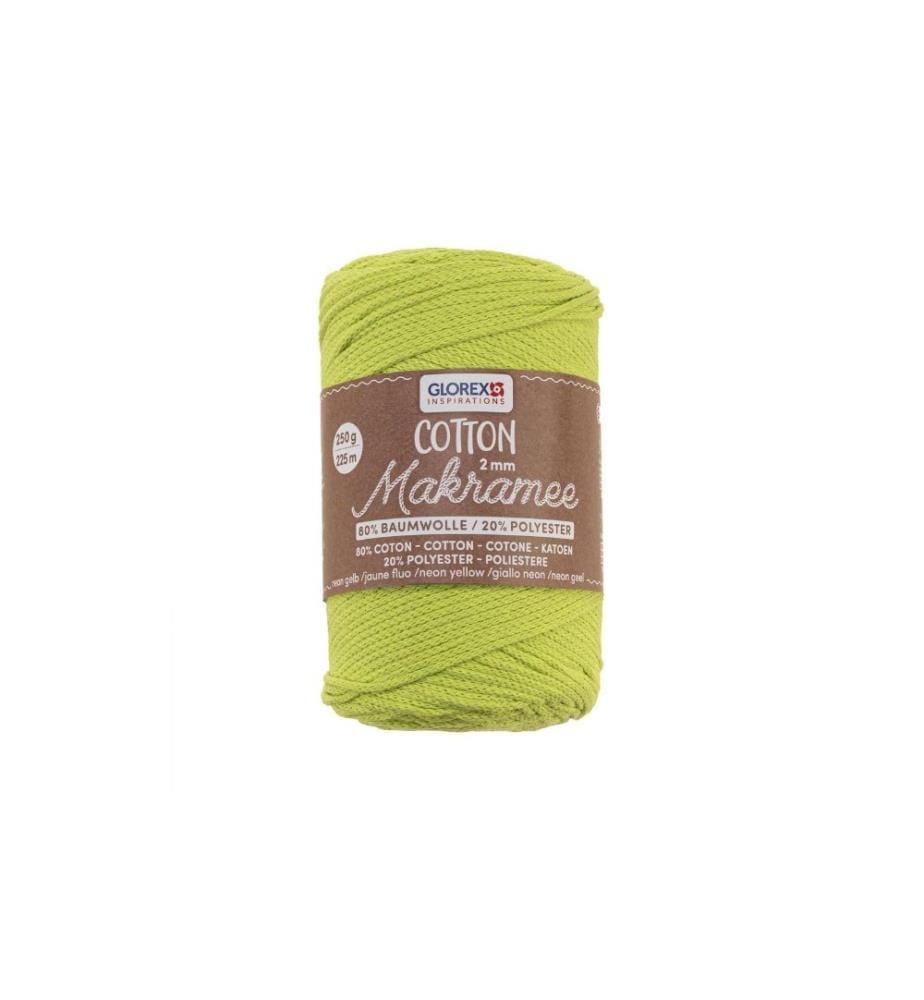GLOREX - Laine Macramee Cotton 225m x 2 mm, 250g, jaune fluo