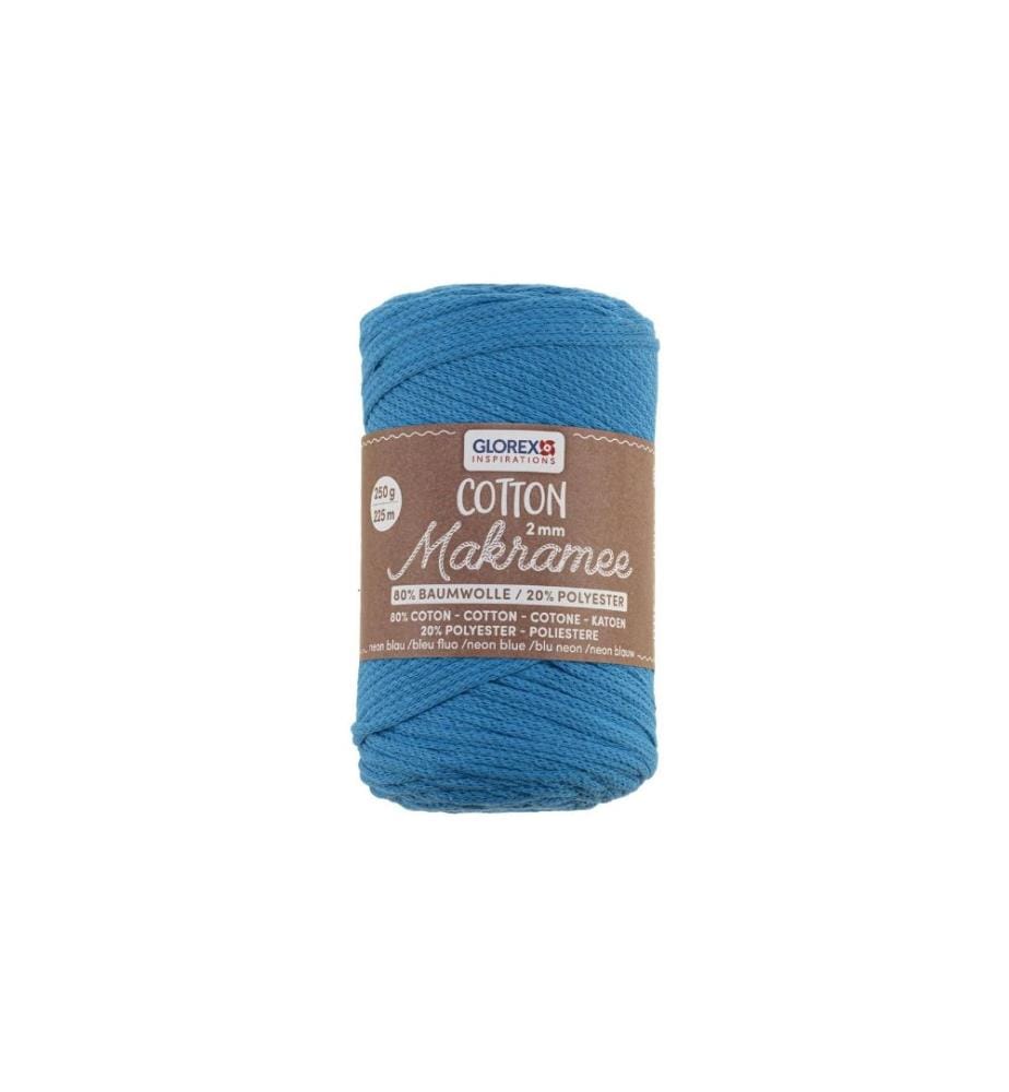 GLOREX - Laine Macramee Cotton 225m x 2 mm, 250g, bleu néon