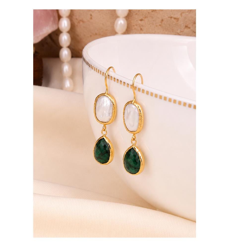 Boucles d'oreilles en agate et perles - vertes et blanches