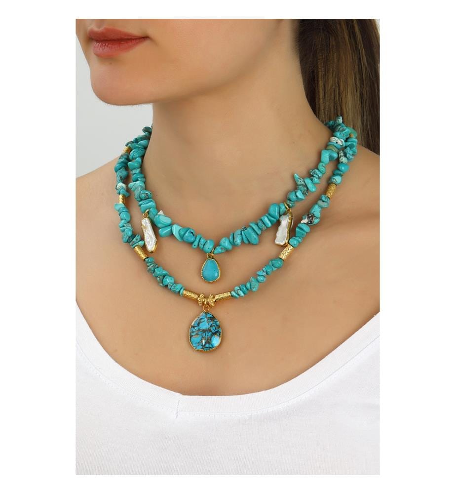 Collier en Turquoise et Perles de Culture - Doré et Bleu
