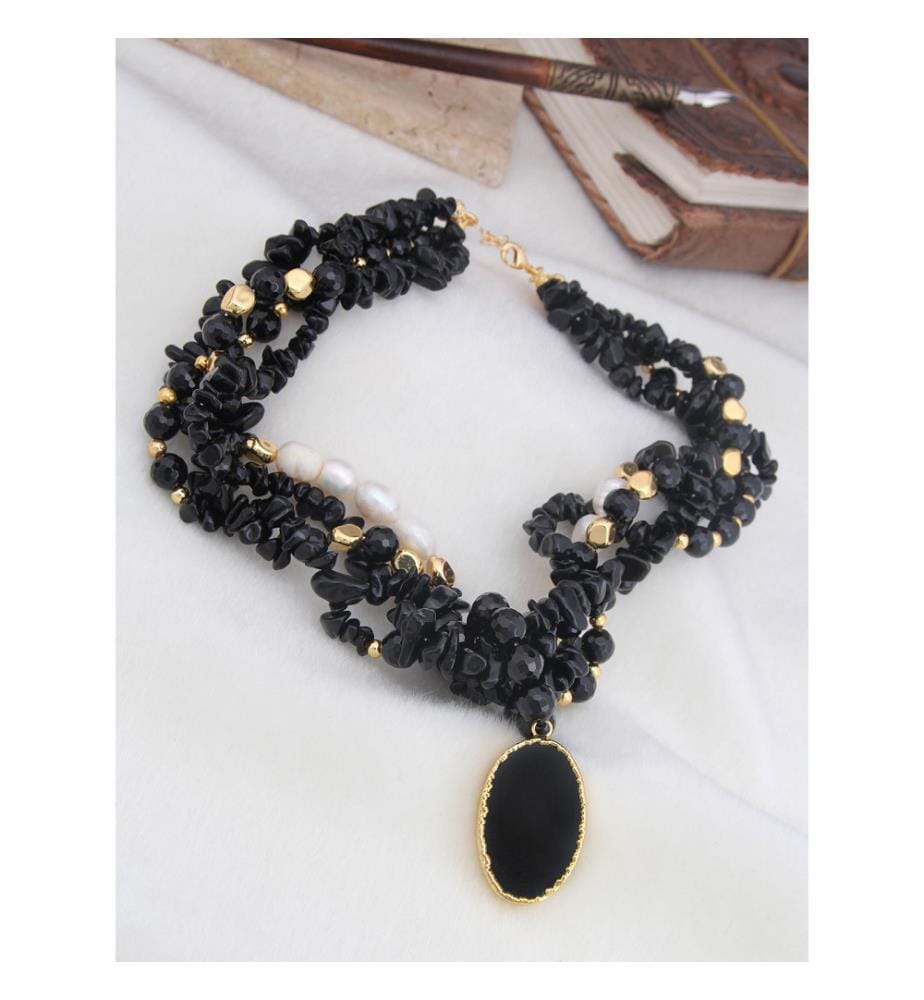 Collier d'onix et de perles - Noir