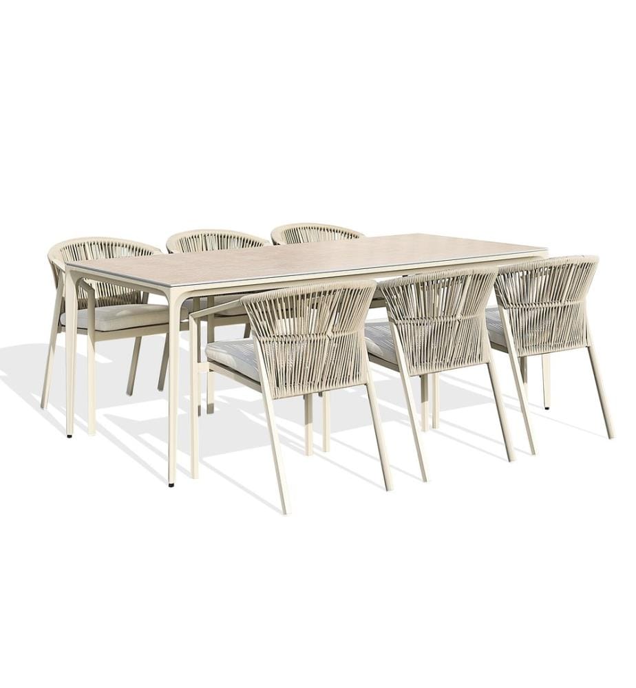 Ensemble table de jardin TIGUA (200x90 cm) en aluminium et plateau céramique sur verre et 6 fauteuils GAMBI empilables - GREGE