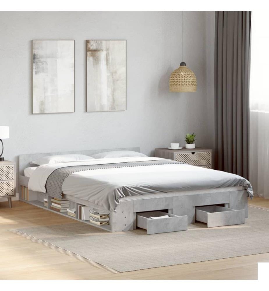 Cadre de lit avec tiroirs sans matelas gris béton 140x200 cm