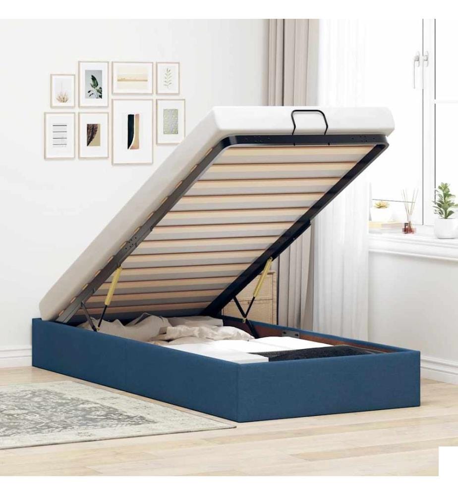 Cadre de lit ottoman sans matelas bleu 90x190 cm tissu