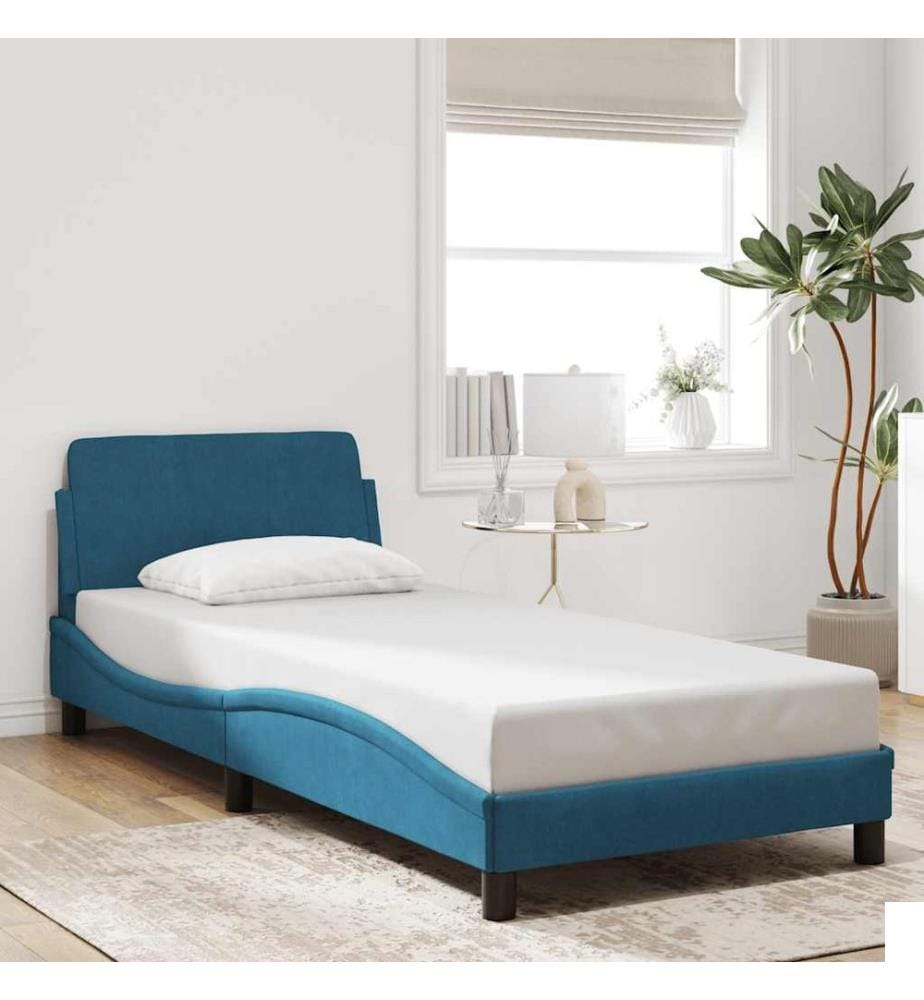 Cadre de lit avec tête de lit Dover bleu 90x200 cm velours