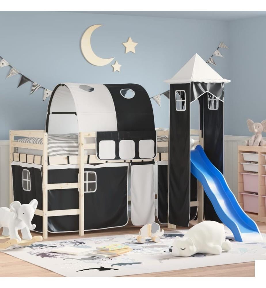 Rideaux pour lit mezzanine avec tunnel et tour blanc et noir
