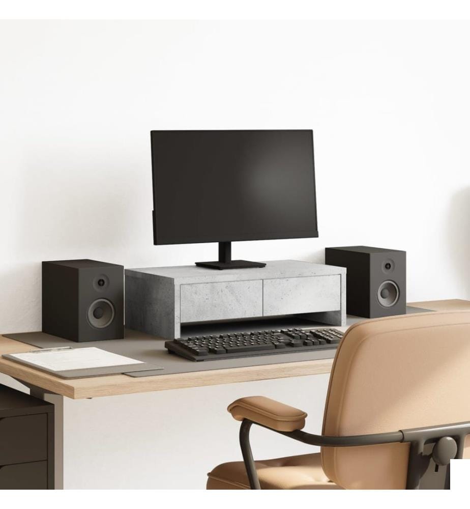 Support de moniteur avec tiroirs gris béton bois d'ingénierie