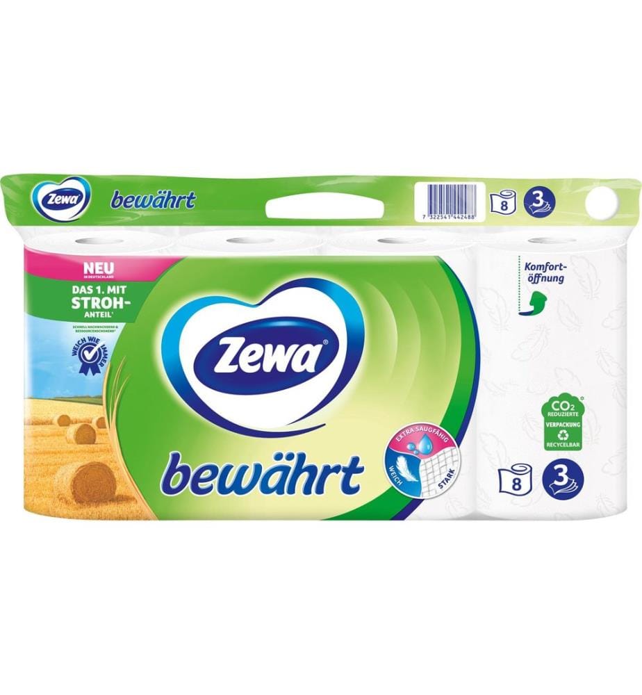 ZEWA - Papier toilette Bewährt avec de la pâte de paille blanc, 8 rouleaux