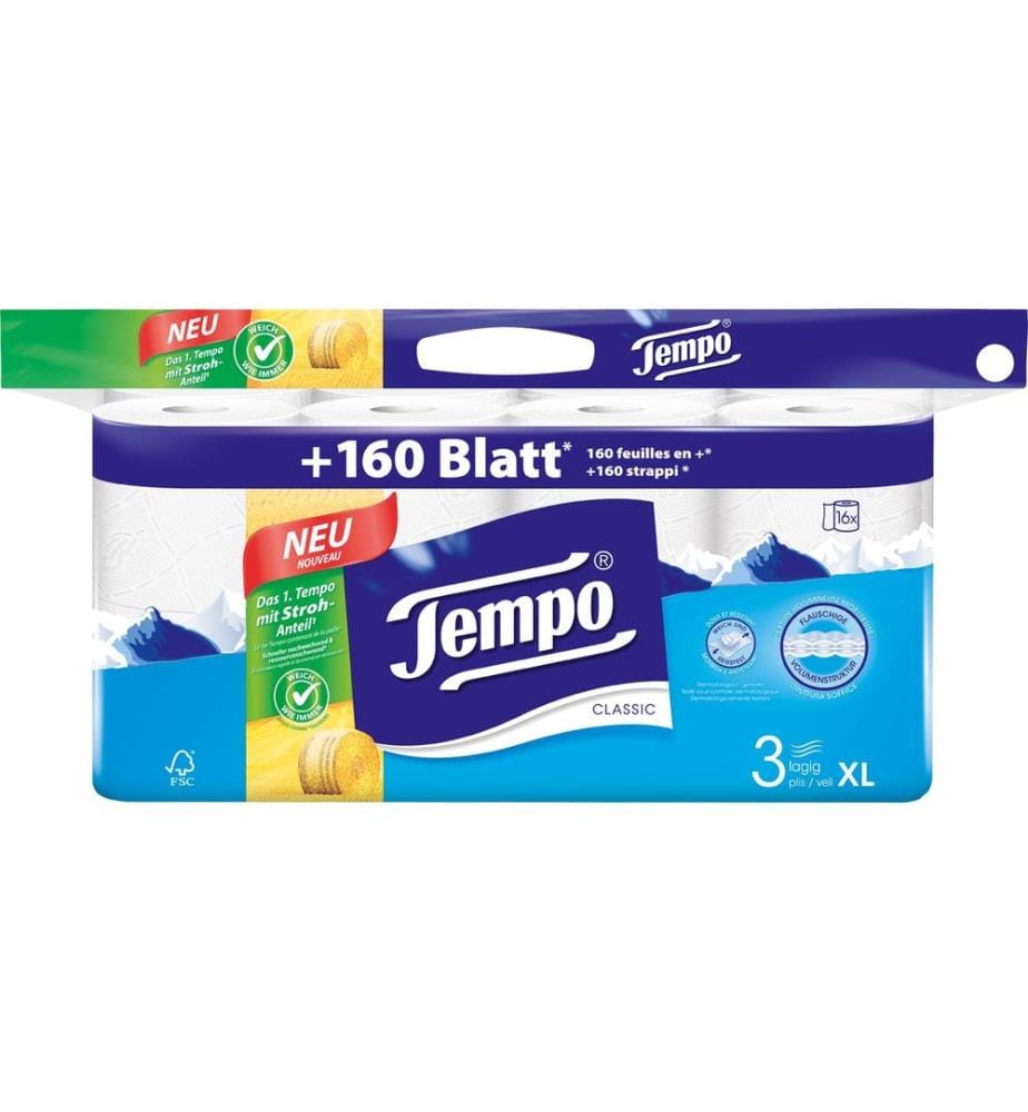TEMPO - Papier toilette Classic 16 rouleaux, 3 plis, Blanc