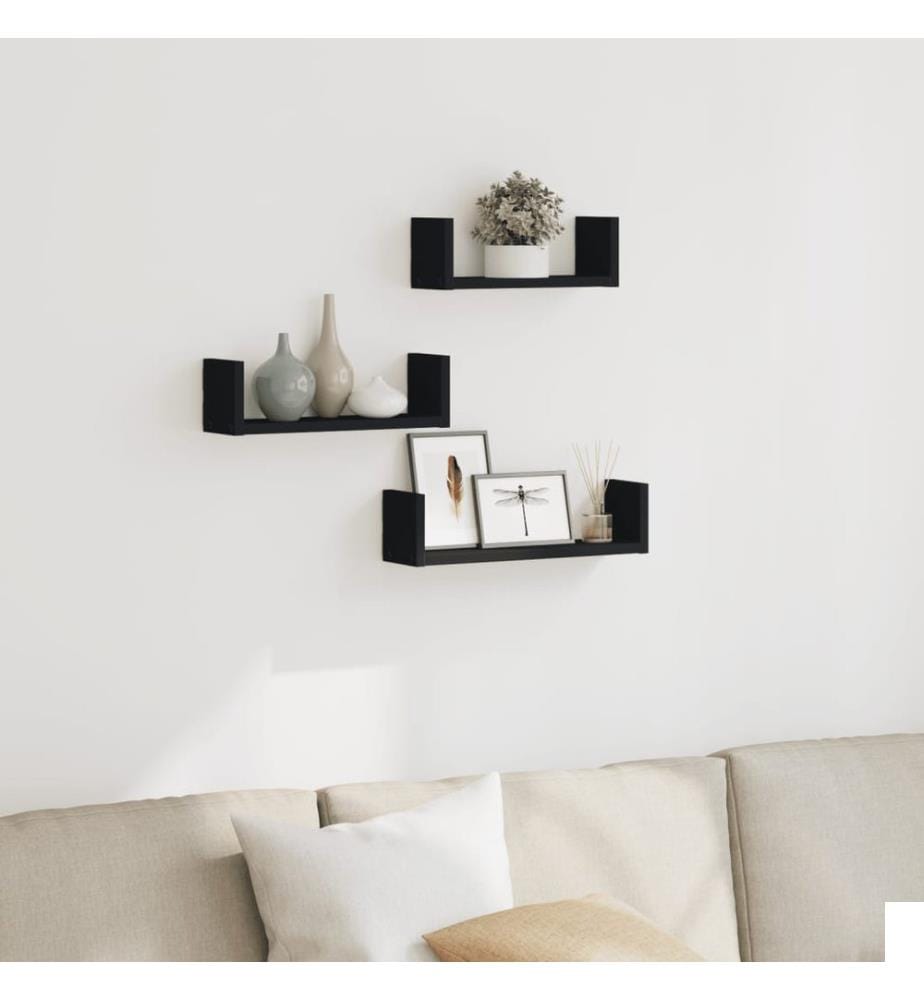 Étagères murales 3 pcs noir bois d'ingénierie