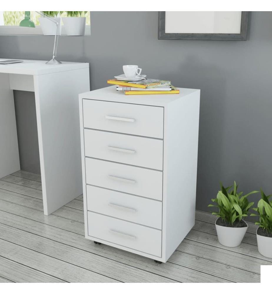 Caisson à tiroir de bureau avec roulettes et 5 tiroirs blanc