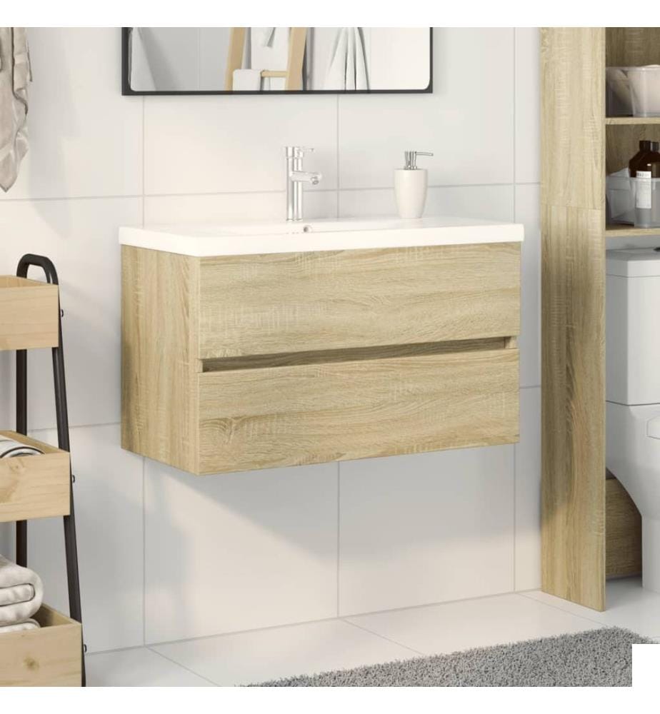 Ensemble de meubles de bain 2pcs céramique et bois d'ingénierie