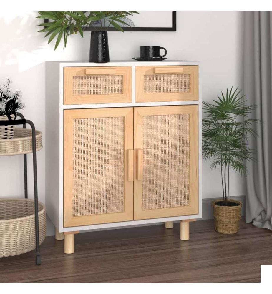 Buffet Blanc 60x30x75 cm Bois de pin massif et rotin naturel