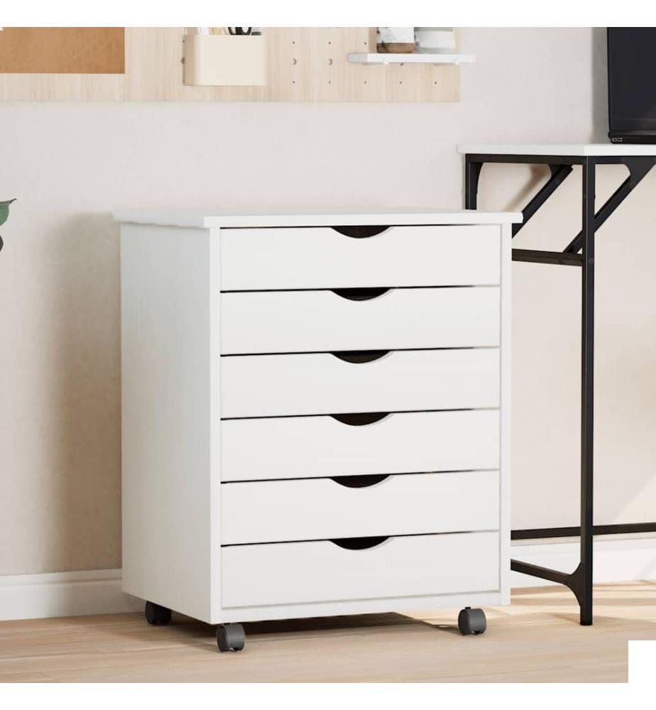 Armoire roulante avec tiroirs MOSS blanc bois de pin solide