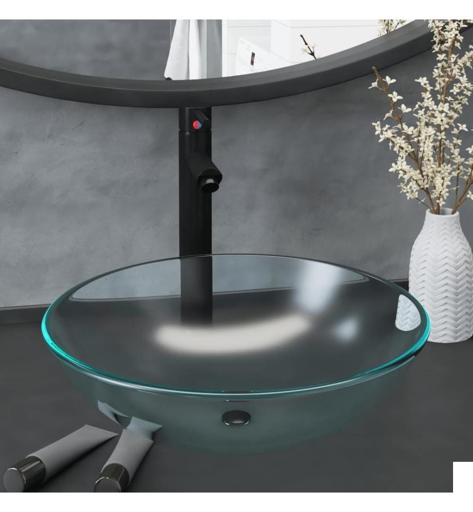 Lavabo de bain avec robinet et drain à poussoir Verre trempé