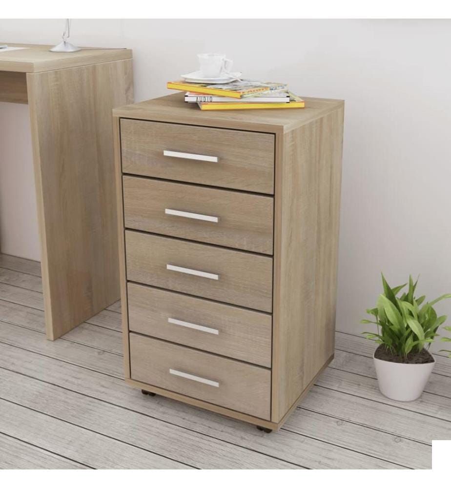 Caisson à tiroir de bureau avec roulettes 5 tiroirs Chêne