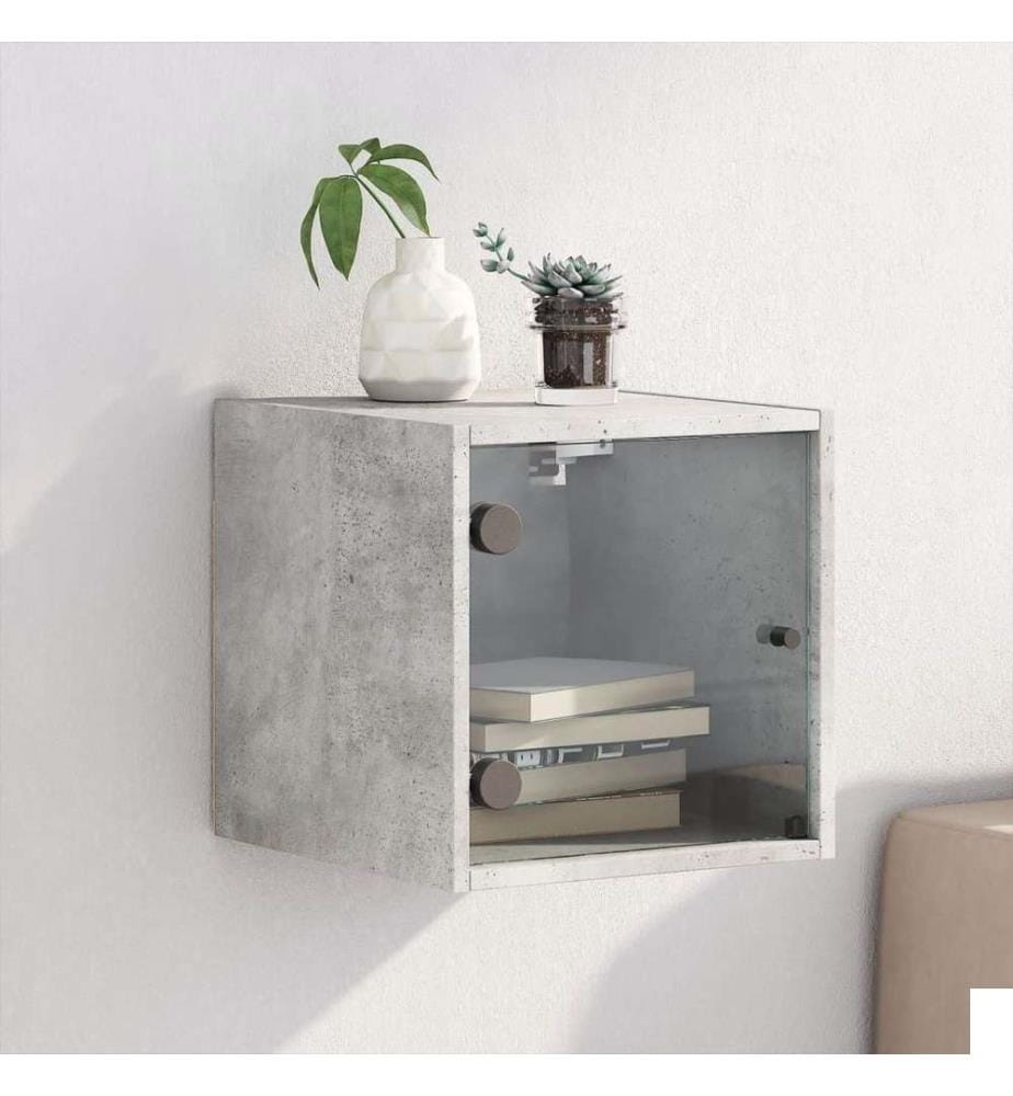 Table de chevet avec porte en verre gris béton 35x37x35 cm